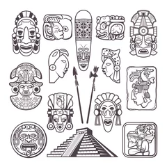 Fotobehang Monochrome pictures set of mayan culture symbols. Tribal masks and totems. Vector aztec tribal mythology, souvenir ancient illustration © ONYXprj