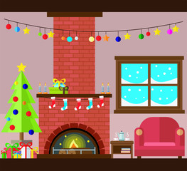 Cozy room prepared for the celebration of Christmas and new year. Vector illustration, set of Christmas decorations.