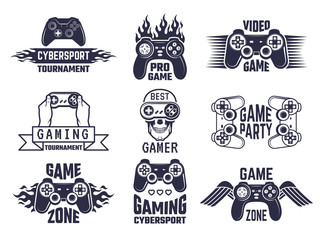 Gaming logo set. Video games and cyber sport labels. Gamer emblem logo, sport cyber, video gaming, vector illustration
