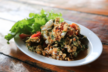 Fried chayote leaf crispy spicy salad thai style. Thai yummy and delicious local food.