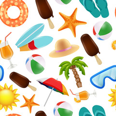 Naklejka premium Summer seamless pattern. Various symbols of summer time. Vector travel and vacation summertime, starfish cocktail and ball illustration
