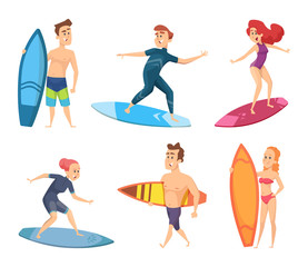 Surf characters. Vector design of summer mascots. Illustration of surfer and surfing, surfboard on sea - obrazy, fototapety, plakaty
