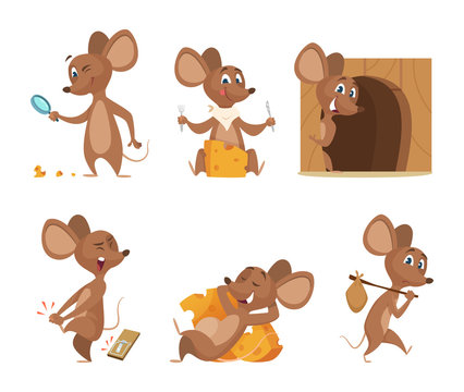 Mouse character. Funny cartoon mice. Vector clipart isolated on white. Illustration of mouse mascot, animal and mousetrap