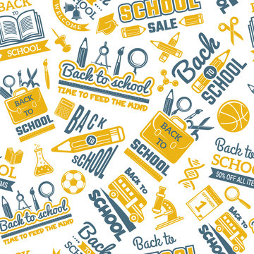 Science symbols pattern. Seamless background with pictures of school. School pattern seamless, education learning, vector illustration