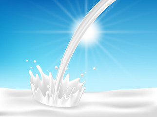 Milk or yogurt pouring down with splash and realistic milk drop isolated on blue background. vector illustration