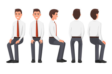 Vector illustration of sitting men in official clothes under the white background. Cartoon realistic people. Flat young man. Front view man, Side view man, Back side view man, Isometric view.