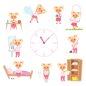 Childrens daily routine. Male and female kids in action poses. Vector girl happy daily activity, morning eat and reading in school illustration