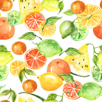 Vintage seamless pattern with watercolors - from tropical fruit, citrus spray, 
lemon, orange, lime, watermelon, grapefruitpaint splash. Bright fashionable background. drawing on white background.