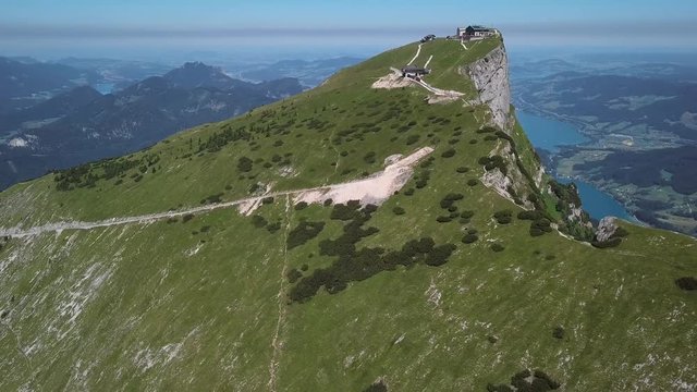 Flight around Schafberg summit in Salzkammergut, Upper Austria.