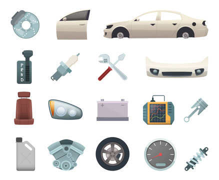 Car parts. Automobile creation kit with gear wheels disc engine transmission steel white door brown seat and headlight vector icons. Auto engine, automobile of part, illustration of wheel machine