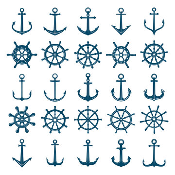 Wheels ship anchors icon. Steering wheels boat and ship anchors marine and navy symbols. Vector silhouettes for logo designs or tattoo. Anchor and wheel for ship or boat, navy travel illustration