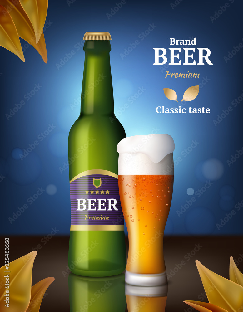 Poster Beer alcohol poster. Drink bottles and glasses beer advertizing background of beverages retail vector image product. Mug beer and bottle glass, drink alcohol beverage illustration