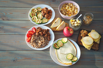 Health Fitness Food in lunch boxes. Set meal for the whole day.