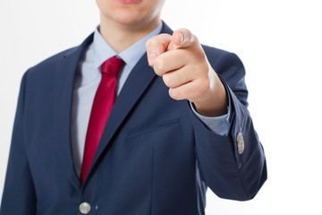 Close up of Business man pointing finger on you isolated on white background. Touching virtual screen. Success concept. Selective focus