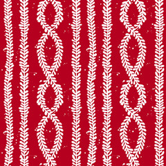 Red and white Christmas leaf branches and drops seamless pattern. Hand drawn floral wrapping. Mistletoe