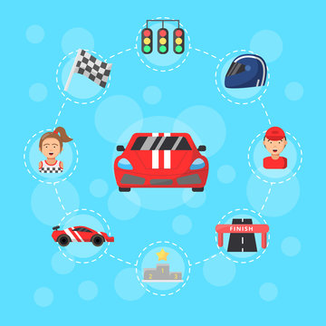 Vector Flat Car Racing Icons Infographic Concept Illustration. Car Sport Race Speed, Auto Championship, Automobile Winner Competition