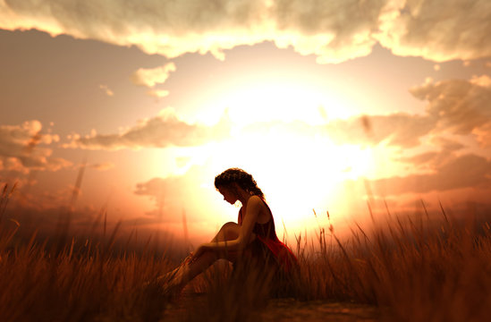 3d illustration of a girl sitting alone in grass field