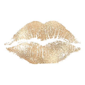 A vector lip imprint with a golden texture isolated on a white background. A decorative element suitable for various print and design purposes.