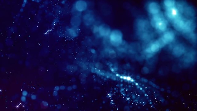 3d render loop sci-fi animation with glow particles form rolling structures. Seamless footage as dark blue digital abstract background with particles, depth of field, bokeh. Motion graphics 5