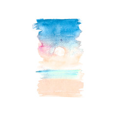 Vertical stain in blue, green and yellow colors. Seaside, beach and bright morning sun sketch