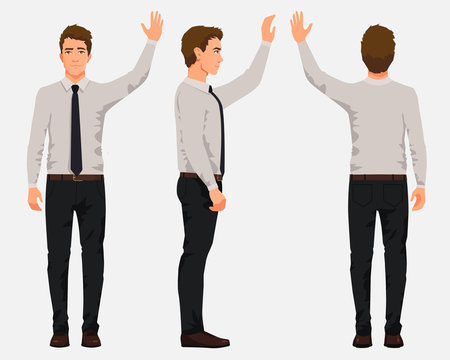 Vector Illustration Of Three Business Men In Official Clothes With Hand Up. Cartoon Realistic People Illustartion.Worker In A Shirt With A Tie.Front View Man,Side View Man ,Back Side View Man