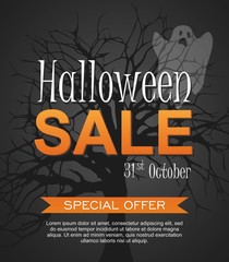 Hallowen Sale vector banner with ghost. Halloween special offer.