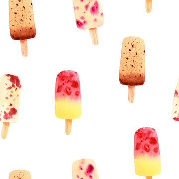 Hand drawn watercolor seamless pattern with colorful frozen juice and chocolate popsicles in pink, brown and yellow colors on white background.
