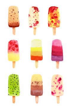 Hand drawn watercolor illustration. Set of colorful frozen juice popsicles with berries in pink, green, orange colors isolated on white background