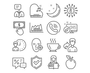 Set of Infographic graph, Working hours and Discounts icons. Woman read, Coffee and Piano signs. Support service, Payment click and Problem skin symbols. Line diagram, Project deadline, Best offer
