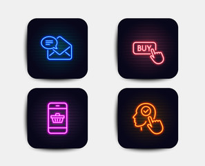 Neon glow lights. Set of Buy button, New mail and Smartphone buying icons. Select user sign. Online shopping, Received e-mail, Website shopping. Head with checkbox.  Neon icons. Glowing light banners