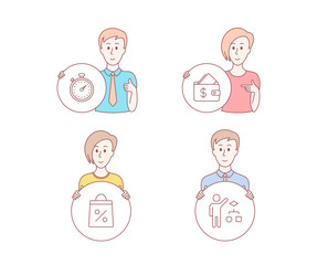 People hand drawn style. Set of Wallet, Shopping bag and Timer icons. Algorithm sign. Affordability, Supermarket discounts, Stopwatch gadget. Developers job.  Character hold circle button. Vector