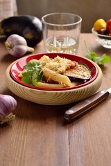 Pasta with eggplant, tomato sauce, sprinkled with parmesan, vertical