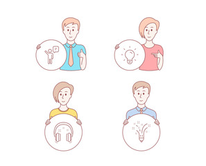People hand drawn style. Set of Headphones, Light bulb and Agent icons. Inspiration sign. Earphones, Lamp energy, Business person. Creativity pencil.  Character hold circle button. Man with like hand