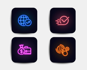 Neon glow lights. Set of Salary, World statistics and Checkbox icons. Customer satisfaction sign. Diplomat with money bag, Global report, Approved. Happy smile.  Neon icons. Glowing light banners