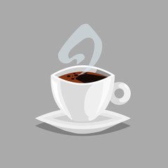 Espresso coffee cup with plate and steam. Cartoon trendy design style coffee vector illustration. Isolated on grey background.