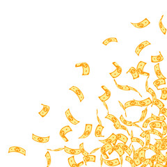 Obraz premium Korean won notes falling. Small WON bills on white background. Korea money. Decent vector illustrati