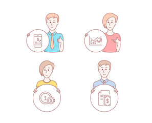 People hand drawn style. Set of Usd coins, Mobile finance and Financial diagram icons. Payment sign. Cash payment, Phone accounting, Candlestick chart. Cash money.  Character hold circle button