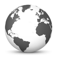 Obraz premium White 3D Globe Icon with Gray Continents and Atlantic Ocean in the Center - Planet Earth - World Symbol