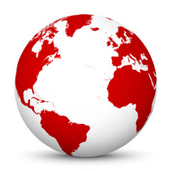 White 3D Globe Icon with Red Continents and Atlantic Ocean in the Center - Planet Earth - World Symbol