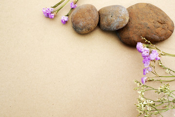 Rocks and dry flowers on the brown paper copy space.