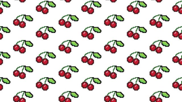 A vertical scrolling endless pattern: red cherries in pixel art style, white background.
