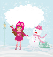 Obraz na płótnie Canvas Little girl and snowman