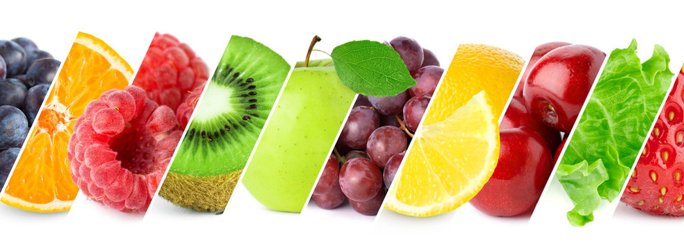 Collage of fresh color ripe fruits