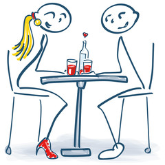 Strichmännchen beim ersten Date am romantischen Tisch