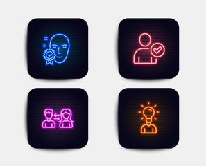Neon glow lights. Set of Face verified, Identity confirmed and People communication icons. Education sign. Access granted, Person validated, People talking. Human idea.  Neon icons. Vector