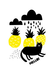 Black and yellow print with lazy black cat and yellow pineapples.