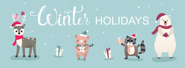 Winter Holidays banner with cute cartoon animals and pig.