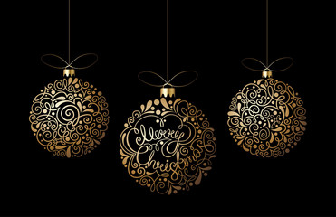 Merry Christmas greeting card with golden Christmas balls.