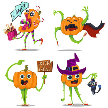 Cute and funny pumpkins with different emotions vector cartoon character set isolated on white background. Holiday illustration for Halloween.