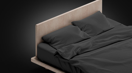 Blank black bed with pillows mock ups, isolated on darkness, 3d rendering. Empty pillowcases and blanket in tucked doss mockup. Clear pilow and duvet in place for sleep template.